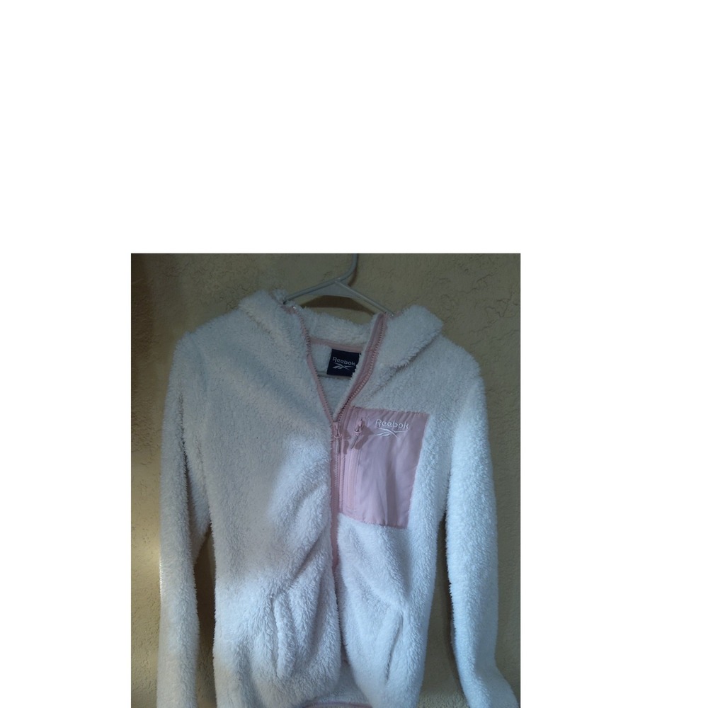 Reebok Girls Sherpa Fleece Full Zip Hoodie White Pink Size L 14/16